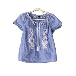 Light Blue Short-Sleeve Cotton Blouse with Tie Front | XS | Talbots